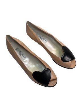 Miss Maud Paris Leather Peep Toe Flats Heart Accent Beige Size 39